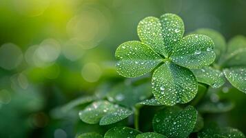 ai generado irlandesa cuatro hojas trébol con gotas de Rocío en sus hojas. S t. patrick's día bandera. ai generado foto