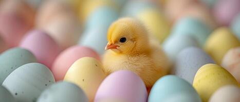 AI generated Yellow chick is surrounded by Easter eggs in soft pastel hues. Banner with copy space. AI Generated photo