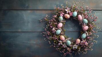 AI generated Easter wreath made of spring flowers, willow twigs, and Easter eggs on wooden surface. AI Generated photo