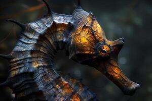 AI generated Extreme Macro Shot of Seahorse. Black with Orange Hues. Beauty of Nature. Earth Day. AI Generated photo