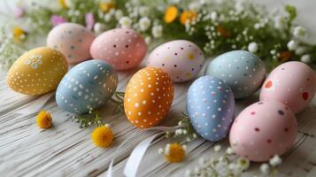 AI generated Easter eggs of pastel colors. Light wooden surface, spring flowers, and satin ribbons. AI Generated photo