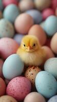 AI generated Yellow chick is surrounded by Easter eggs in soft pastel hues. Banner with copy space. AI Generated photo