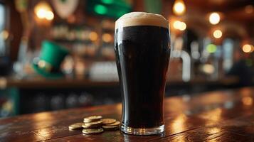 AI generated Dark stout beer in Irish pub with St. Patrick's Day decor, green top hat, gold coins. AI Generated photo