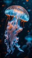 AI generated Macro Shot of Luminescent Jellyfish. Intricate Patterns, Translucent Body. Earth Day. AI Generated photo