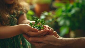AI generated Family's hands, young and old, holding St. Patrick's Day four-leaves shamrocks. AI Generated photo
