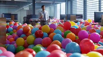 AI generated An employee in office room filled with colorful balloons. April Fool's Day prank. AI Generated photo