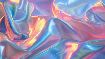 AI generated Iridescent Crinkled Fabric with smooth waves. Soft pastel pink, gold, blue background. AI Generated photo