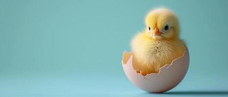 AI generated A cute small chick sitting in a cracked eggshell. Soft pastel solid-colored teal Easter background. Springtime wide-format minimalist banner with copy space. AI Generated photo