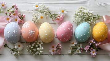 AI generated Easter eggs of pastel colors. Light wooden surface, spring flowers, and satin ribbons. AI Generated photo