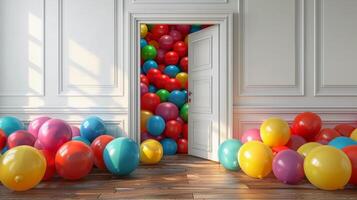 AI generated Opened door leading into a room filled with colorful balloons. Birthday surprise. AI Generated photo