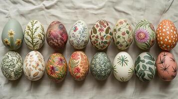 AI generated Easter eggs decorated with natural plant patterns. Natural linen fabric eco background. AI Generated photo