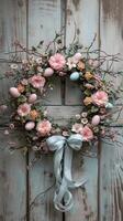 AI generated Easter wreath made of spring flowers, willow twigs, and Easter eggs on wooden surface. AI Generated photo