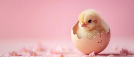 ai generado linda polluelo sentado en agrietado cáscara de huevo. suave pastel rosado Pascua de Resurrección antecedentes. Copiar espacio. ai generado foto