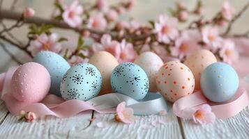 AI generated Easter eggs of pastel colors. Light wooden surface, spring flowers, and satin ribbons. AI Generated photo