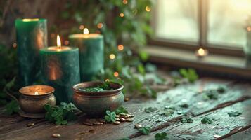 AI generated Rustic wooden table with St. Patrick's Day green candles, shamrocks, and pot of gold. AI Generated photo