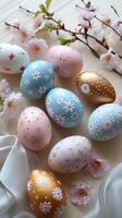 AI generated Easter eggs of pastel colors. Light wooden surface, spring flowers, and satin ribbons. AI Generated photo