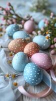 AI generated Easter eggs of pastel colors. Light wooden surface, spring flowers, and satin ribbons. AI Generated photo