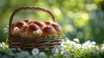 ai generado rústico tejido cesta con tradicional Pascua de Resurrección dulce un pan. Fresco primavera flores ai generado foto