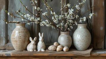 AI generated Easter still life with willow branches, Easter eggs, cookies, and ceramic rabbits. AI Generated photo