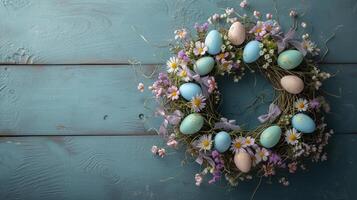 AI generated Easter wreath made of spring flowers, willow twigs, Easter eggs, and ribbons on a wooden surface. Aerial top view, Wide-format eco banner with copy space. AI Generated photo