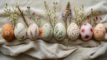 AI generated Easter eggs decorated with natural plant patterns. Natural linen fabric eco background. AI Generated photo