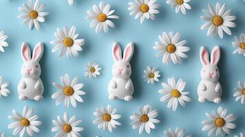 AI generated White Ceramic Bunnies and Chamomile Flowers in Blue Background. Pastel Easter Banner. AI Generated photo