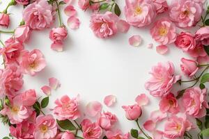 AI generated Light pink Spring flowers and petals. Roses Frame on white background with copy space. AI Generated photo