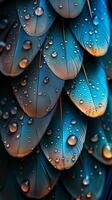 AI generated Extreme Macro shot of Peacock Feathers with Sparkling Water Droplets. Earth Day. AI Generated photo