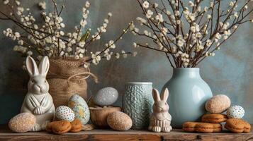 AI generated Easter still life with willow branches, Easter eggs, cookies, and ceramic rabbits. AI Generated photo