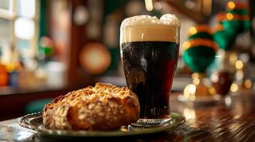 ai generado cerveza negra cerveza y tradicional irlandesa soda un pan. irlandesa pub con S t. patrick's día decoración. ai generado foto