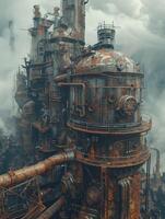 AI generated Steampunk apocalypse. Rebuilding with steam technology, rusted metal structures. AI Generated photo