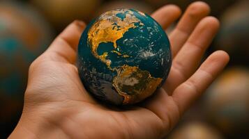 AI generated Hand Holding a miniature Earth Planet. Ecology, Environmental Protection, Earth Day. AI Generated photo