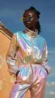 AI generated Black Female Model In Iridescent Tracksuit and Sunglasses. Futuristic Urban Style. AI Generated photo