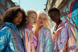 AI generated Diverse Young Women in Iridescent Jackets of Rainbow Colors. Urban Graffiti Background. AI Generated photo