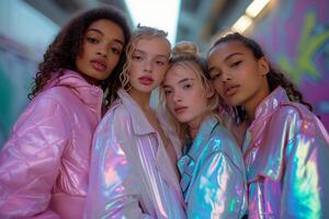 AI generated Diverse Young Women in Iridescent Jackets of Rainbow Colors. Urban Graffiti Background. AI Generated photo