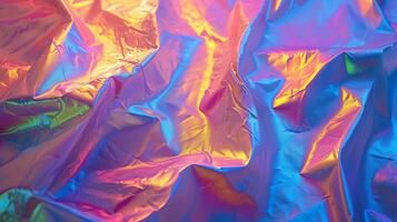 ai generado iridiscente arrugado tela con grunge textura. holográfico arco iris colores antecedentes. ai generado foto