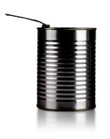 Opened empty iron black tin can on a white background. photo