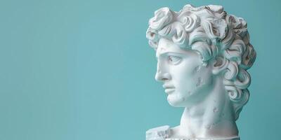 AI generated White Marble Bust Of Man. Antique Greece Sculpture On Soft Teal Minimalist Background. AI Generated photo