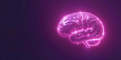 AI generated Pink Neon Glowing Brain. Artificial Intelligence. Wide-format Banner with Copy space. AI Generative photo