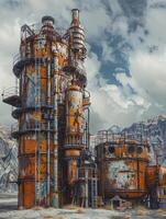 AI generated Steampunk apocalypse. Rebuilding with steam technology, rusted metal structures. AI Generated photo