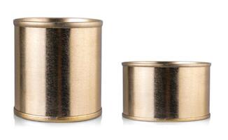 set of golden tin cans on isolated white background photo