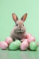 AI generated Cute rabbit with green and pink Easter eggs. AI generated photo