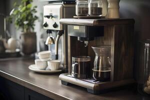 AI generated Home coffee station - coffee machine in a light kitchen. AI generated photo
