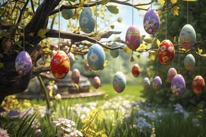 AI generated Easter eggs hanging on tree - European festive tradition. AI generated photo