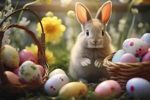 AI generated Cute rabbit with colorful Easter eggs and flowers - spring celebration. AI generated photo