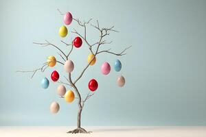 ai generado árbol decorado con Pascua de Resurrección huevos en azul antecedentes. ai generado foto