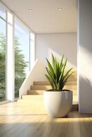 AI generated Large succulent plant in pot decorates stairs of light house. Plants in interior. AI generated photo