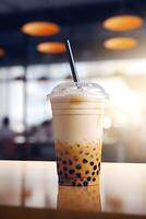 AI generated Bubble milk tea with tapioca pearls in cafe. AI generated photo