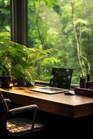 ai generado espacio de trabajo con ordenador portátil por el ventana en tropical bosque. concepto de naturaleza y mental salud. ai generado foto