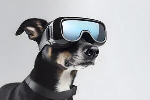 AI generated Black dog in virtual reality glasses on a white background. Cynology and technologies. AI generated photo